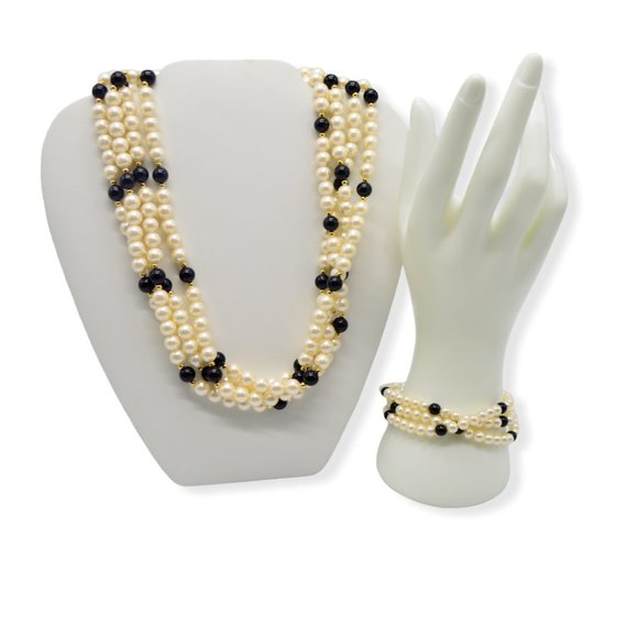 Japan Jewelry - Faux Pearl Faux Onyx Bead Beaded Multi-Strand Old New Stock Japan Jewelry Set